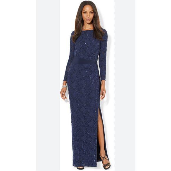 Lauren Ralph Lauren Dresses & Skirts - Lauren Ralph Lauren Long Sleeve Sequin Maxi Dress Gown Lace w/ Slit Navy Blue 12